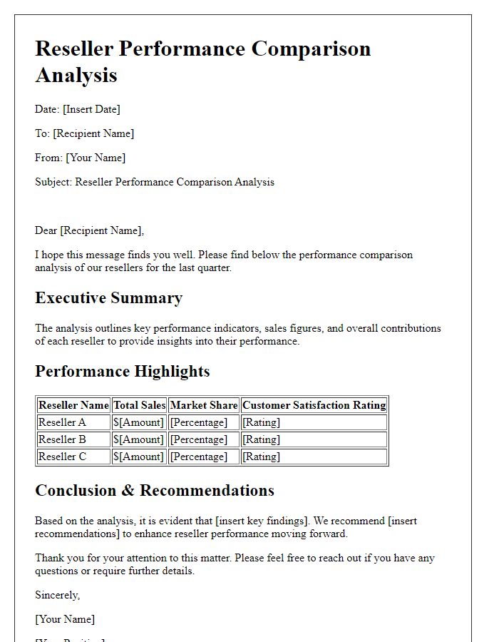 Letter template of reseller performance comparison analysis