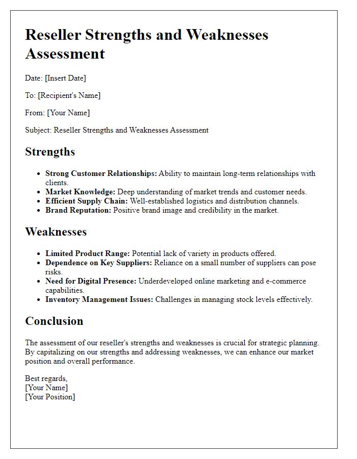 Letter template of reseller strengths and weaknesses assessment