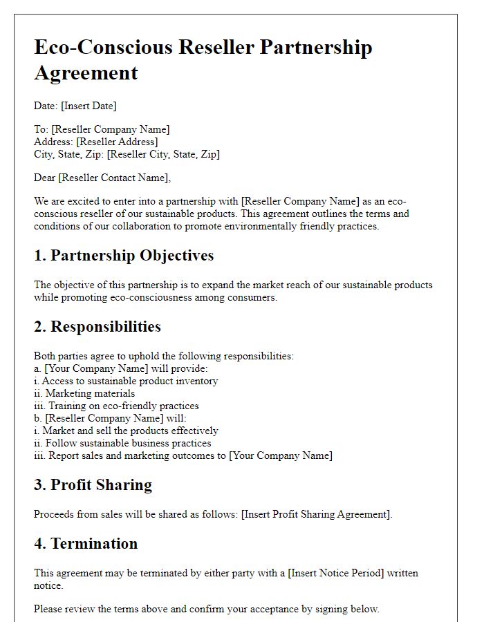 Letter template of eco-conscious reseller partnership agreement