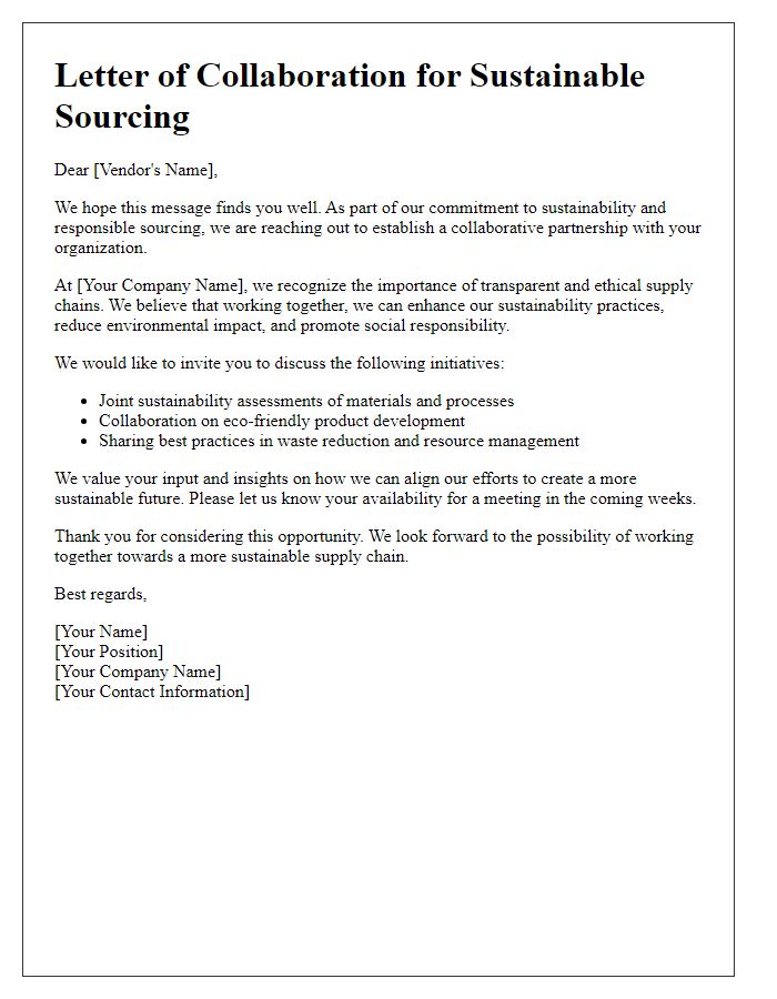 Letter template of sustainable sourcing collaboration for vendors