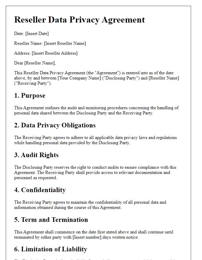 Letter template of Reseller Data Privacy Agreement for Audit and Monitoring Procedures