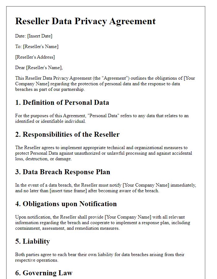 Letter template of Reseller Data Privacy Agreement for Data Breach Response Plan