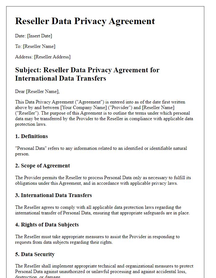 Letter template of Reseller Data Privacy Agreement for International Data Transfers