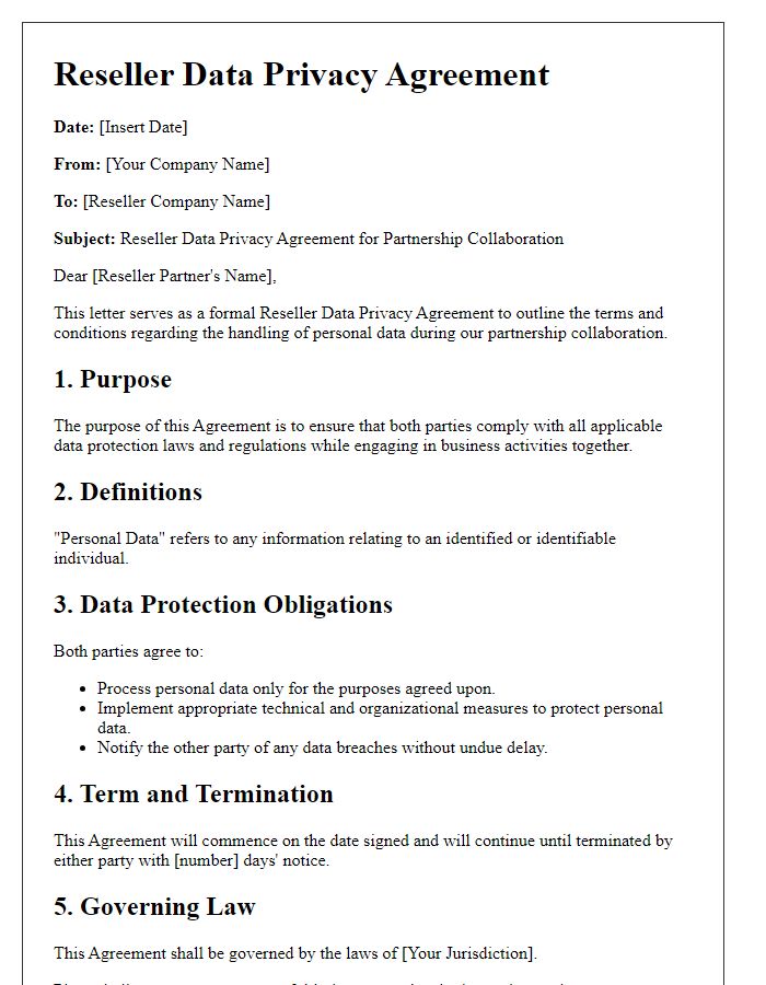 Letter template of Reseller Data Privacy Agreement for Partnership Collaboration