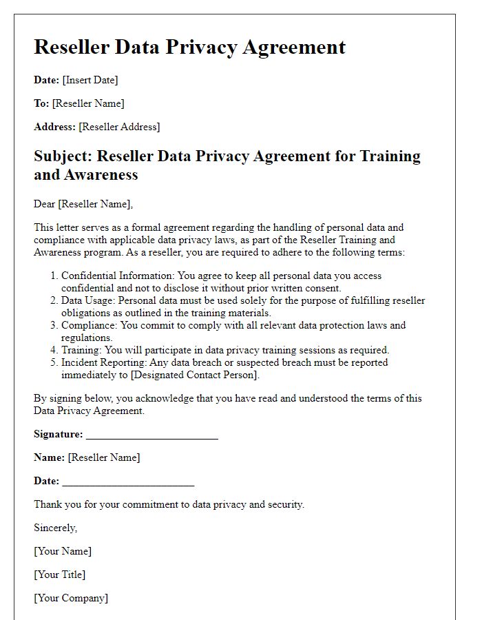 Letter template of Reseller Data Privacy Agreement for Reseller Training and Awareness