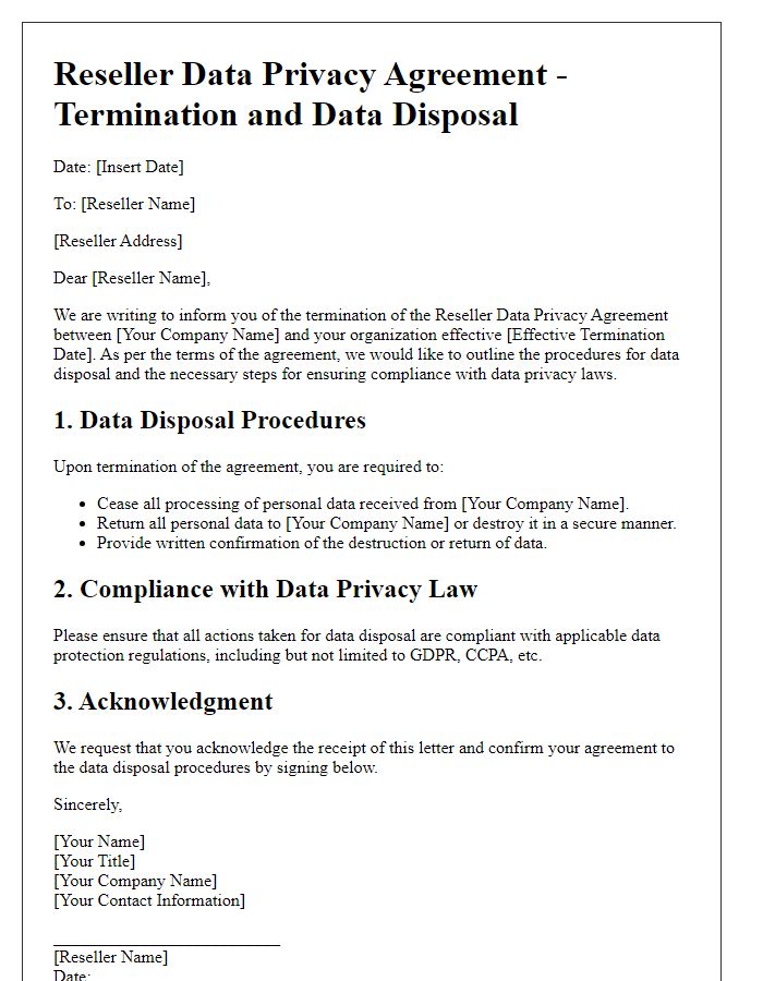 Letter template of Reseller Data Privacy Agreement for Termination and Data Disposal