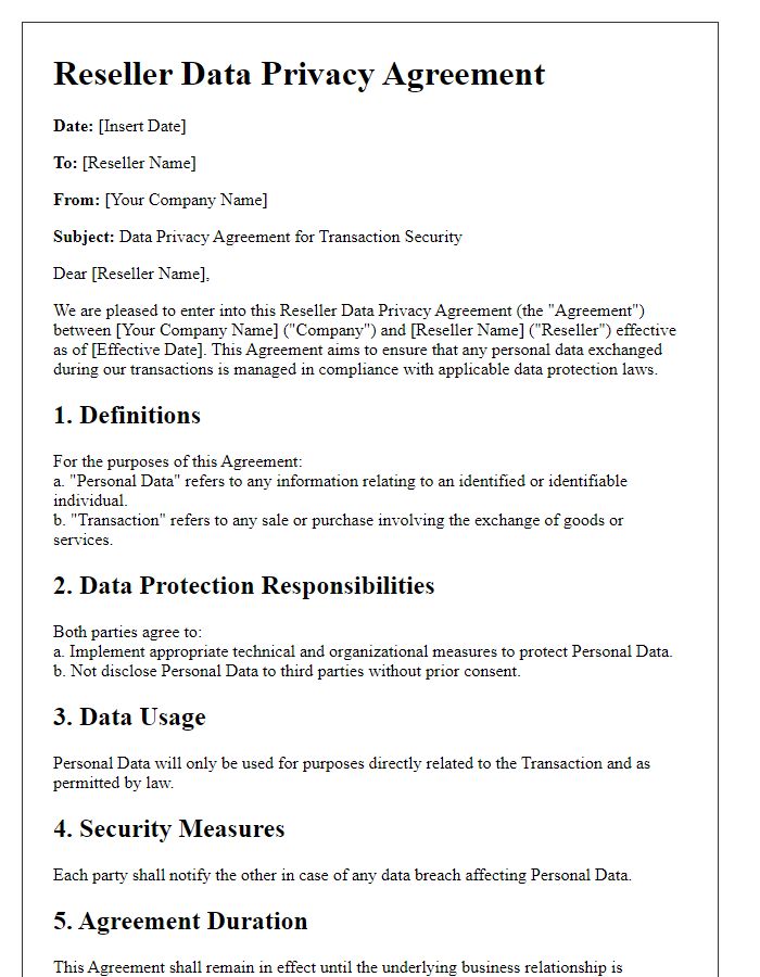 Letter template of Reseller Data Privacy Agreement for Transaction Security