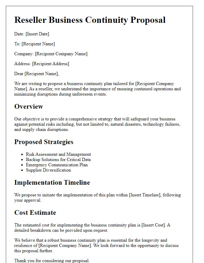 Letter template of Reseller Business Continuity Proposal