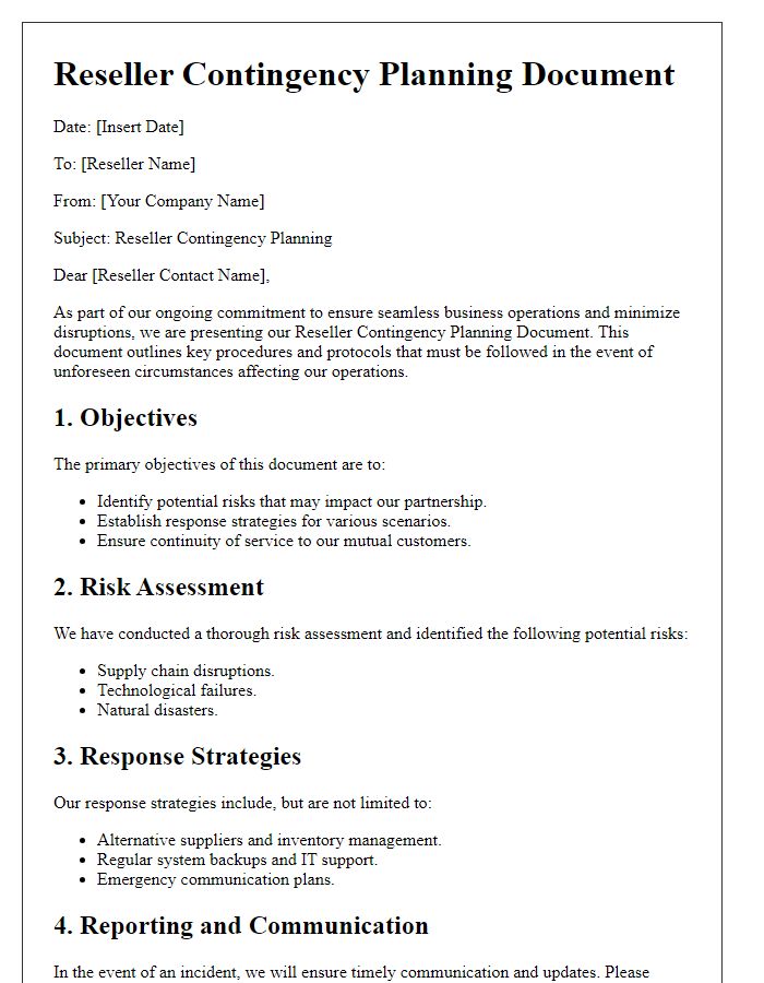 Letter template of Reseller Contingency Planning Document