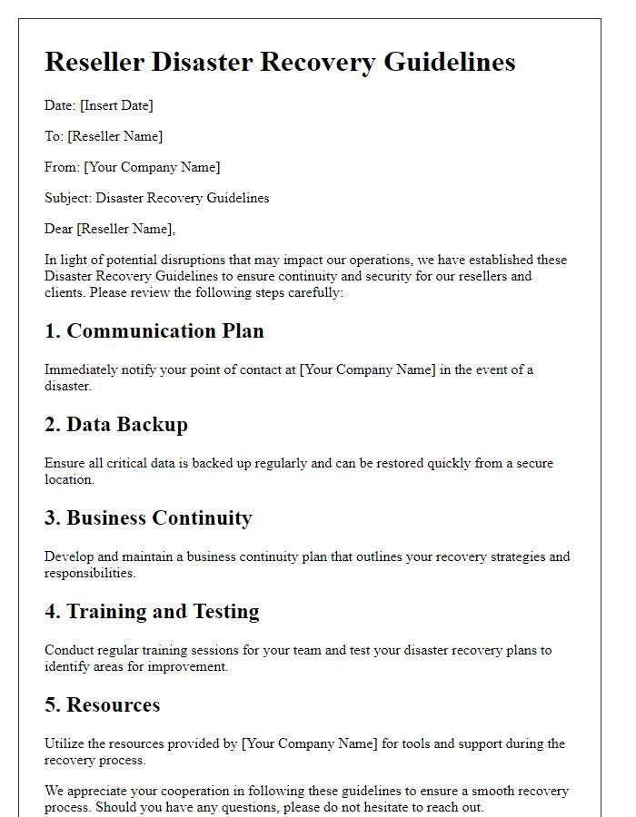 Letter template of Reseller Disaster Recovery Guidelines