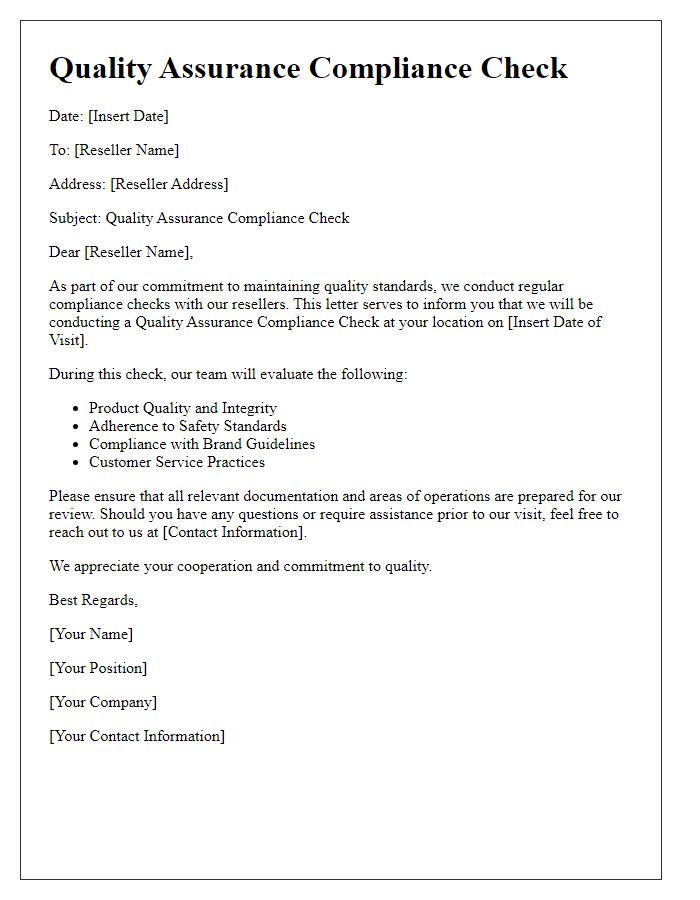 Letter template of reseller quality assurance compliance check