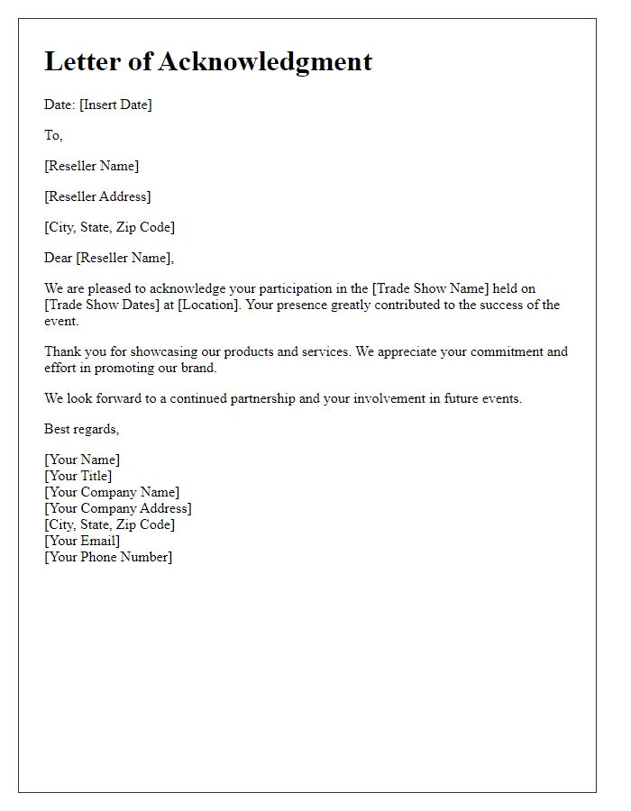 Letter template of acknowledgment for reseller participation in trade show