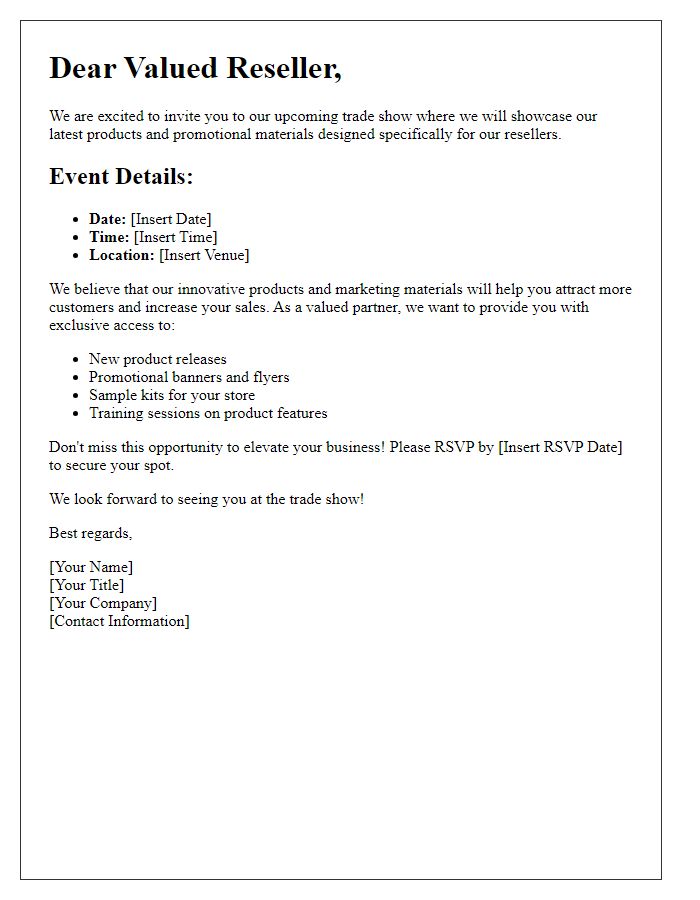 Letter template of promotional materials for resellers at trade show