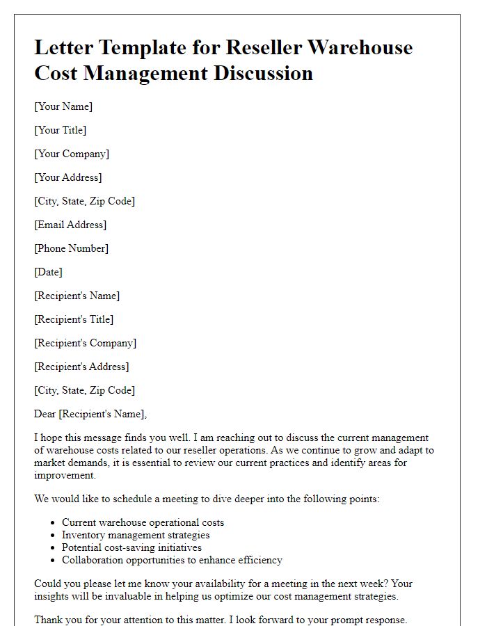 Letter template of reseller warehouse cost management discussion.