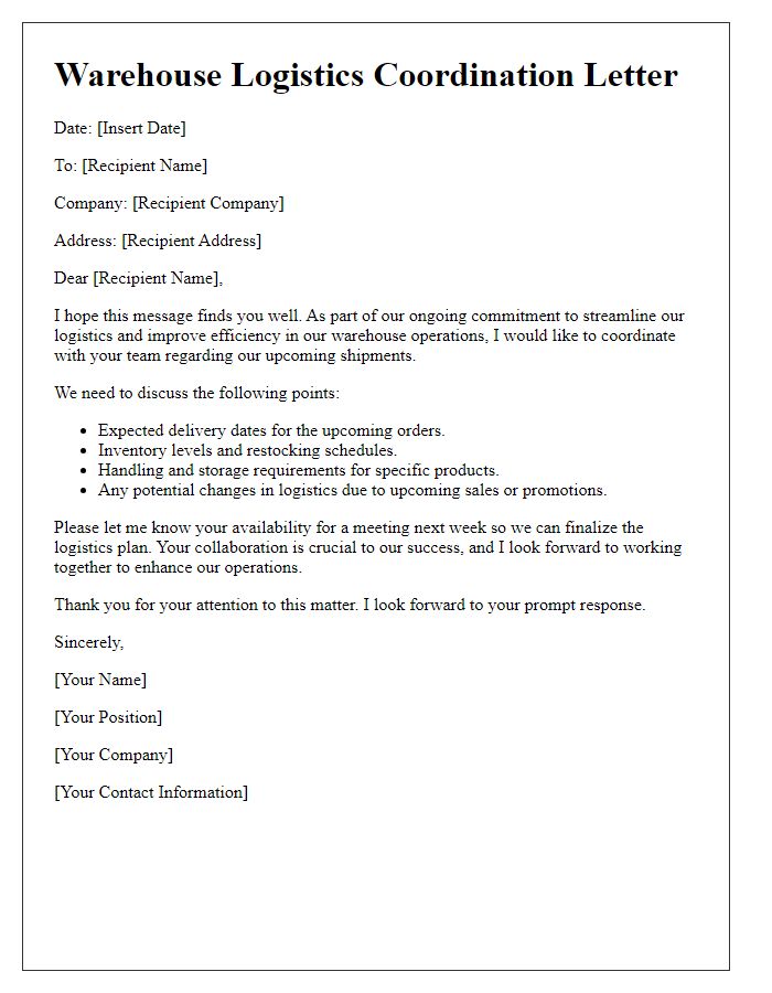 Letter template of reseller warehouse logistics coordination.