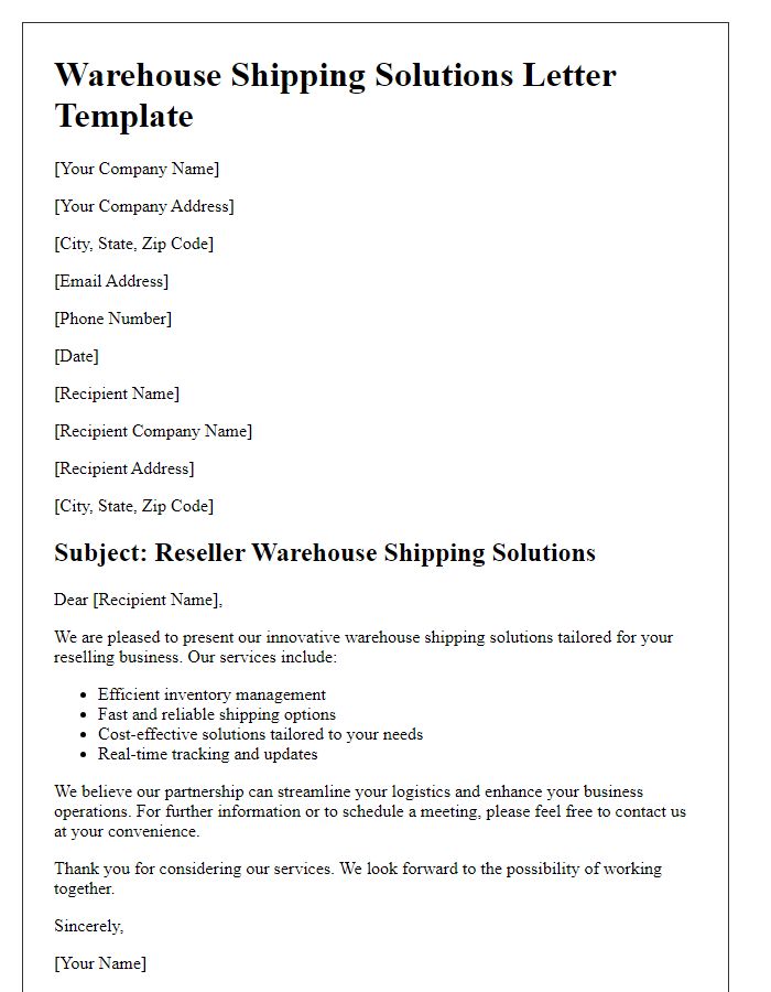 Letter template of reseller warehouse shipping solutions.