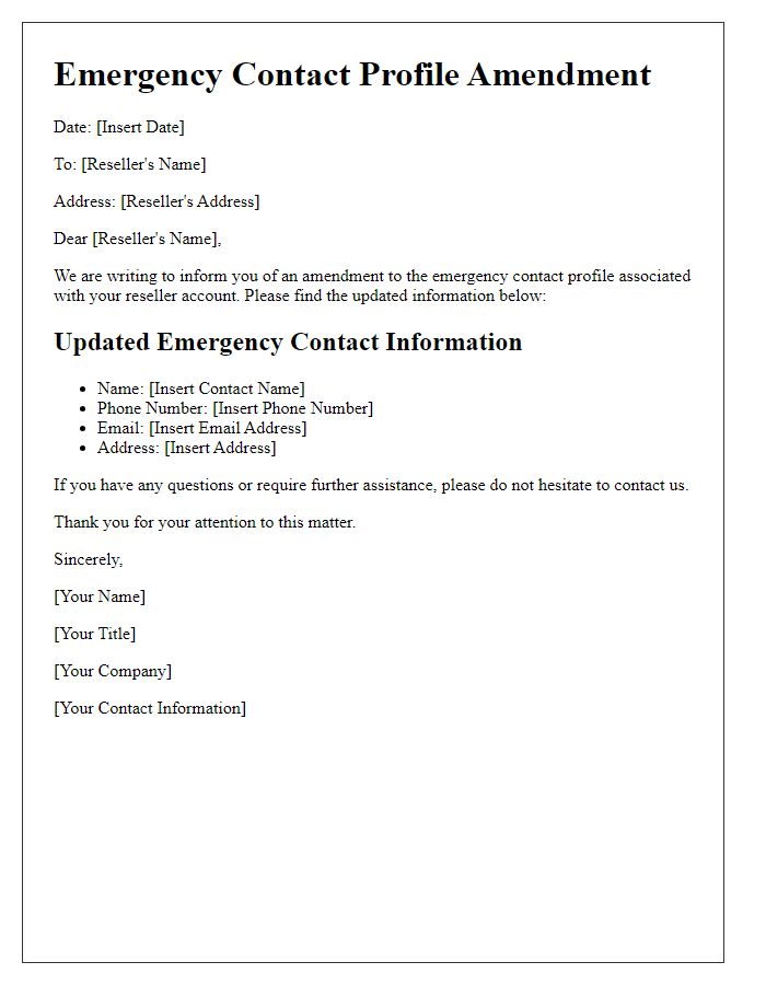 Letter template of reseller emergency contact profile amendment