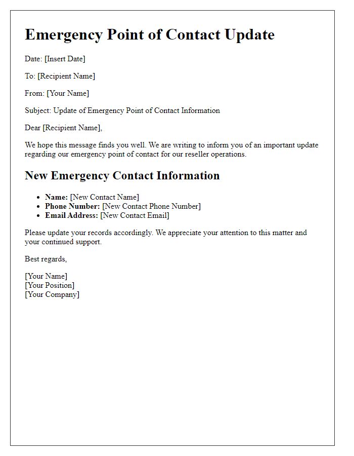 Letter template of reseller emergency point of contact update