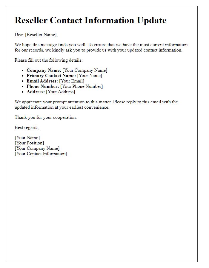 Letter template of reseller immediate contact information refresh