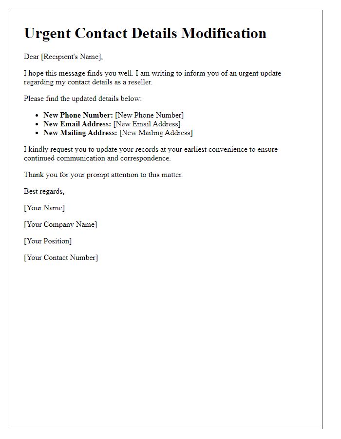 Letter template of reseller urgent contact details modification