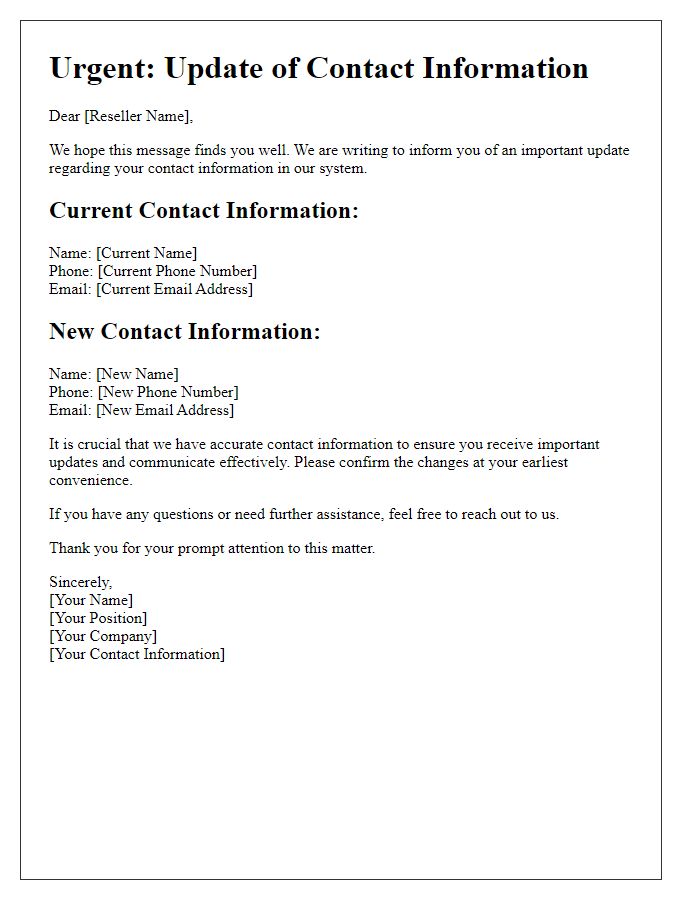 Letter template of reseller urgent contact info adjustment