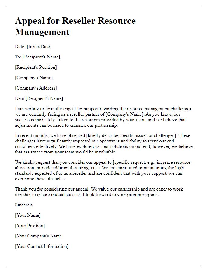 Letter template of appeal for reseller resource management