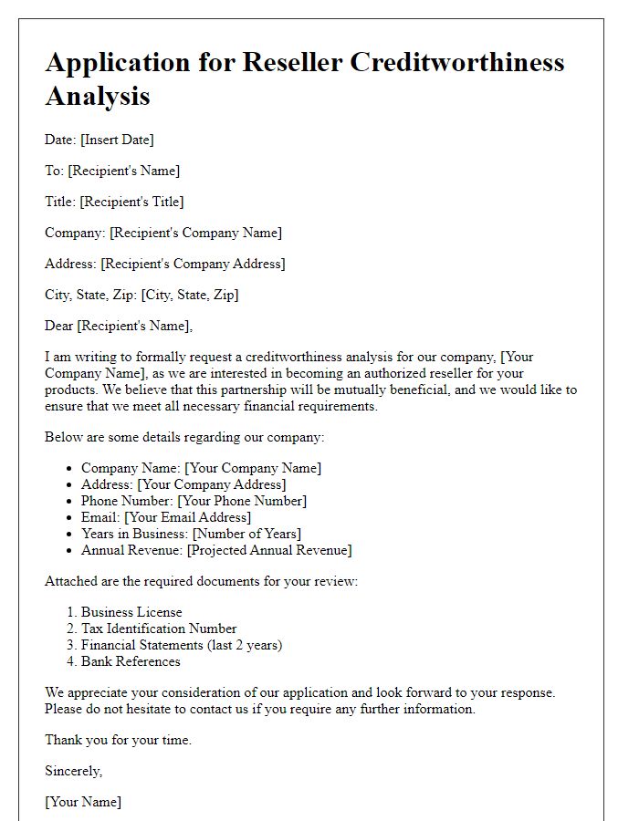 Letter template of application for reseller creditworthiness analysis