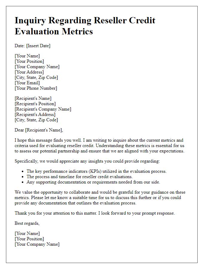 Letter template of inquiry regarding reseller credit evaluation metrics