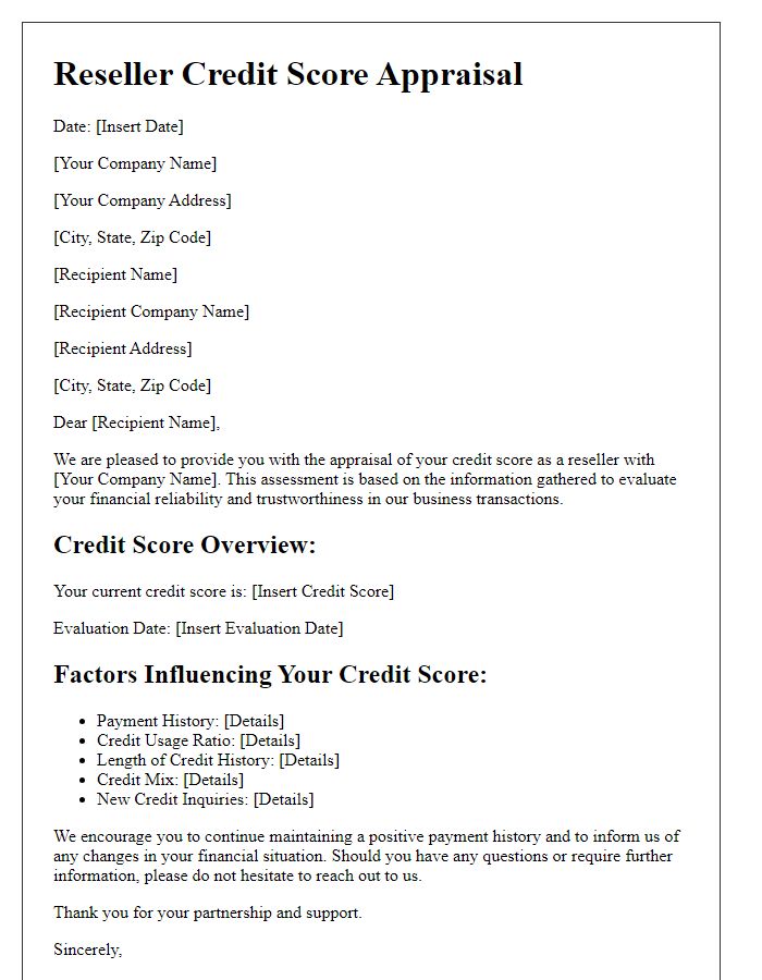 Letter template of reseller credit score appraisal