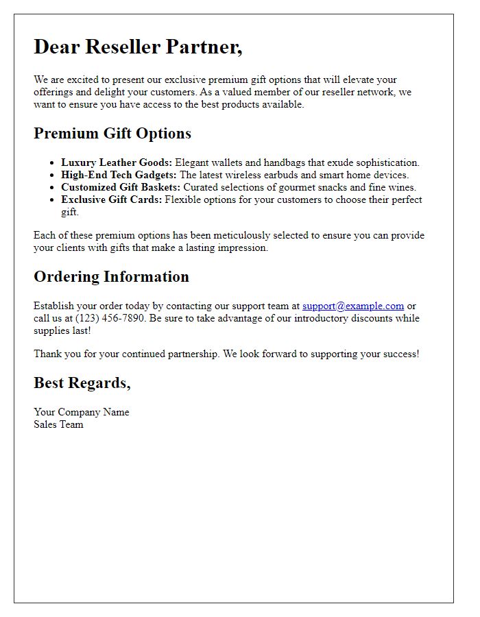 Letter template of premium gift options for reseller networks