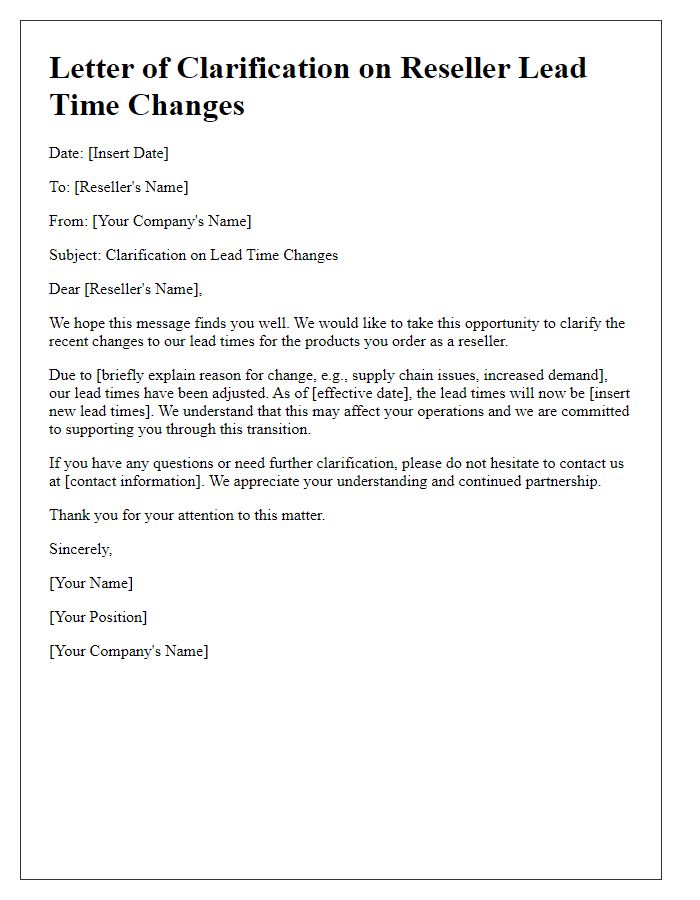 Letter template of clarification on reseller lead time changes