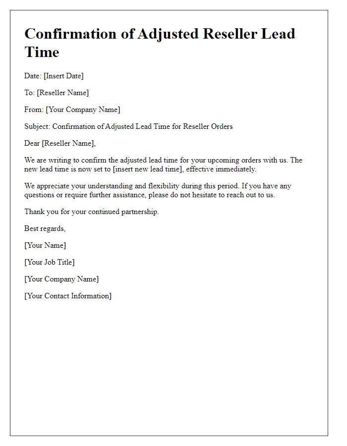 Letter template of confirmation for adjusted reseller lead time