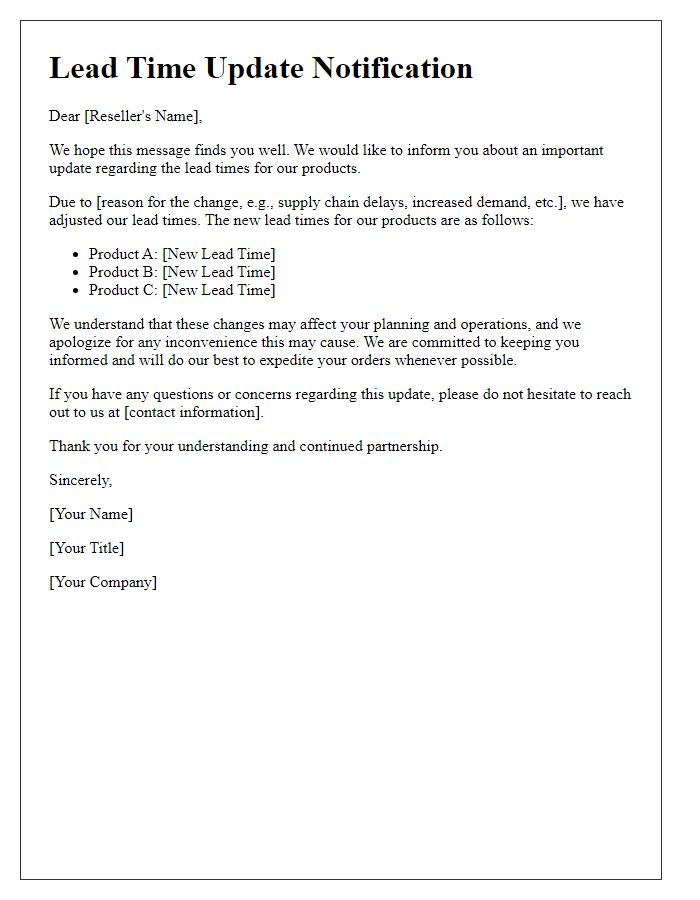 Letter template of explanation for reseller lead time updates