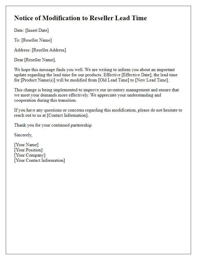 Letter template of notice for reseller lead time modification