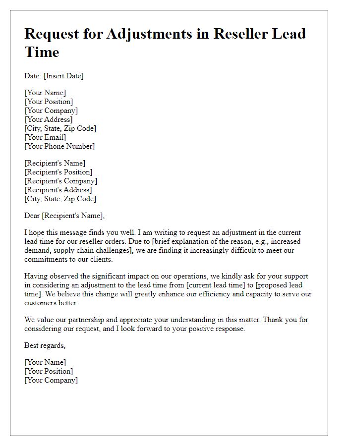 Letter template of request for adjustments in reseller lead time