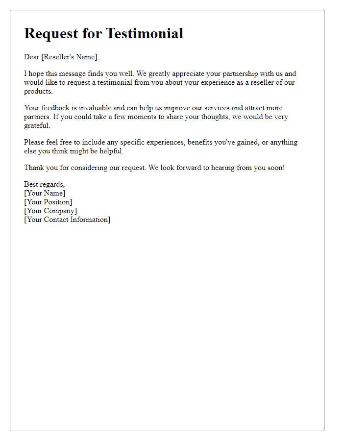 Letter template of Reseller Testimonial Request