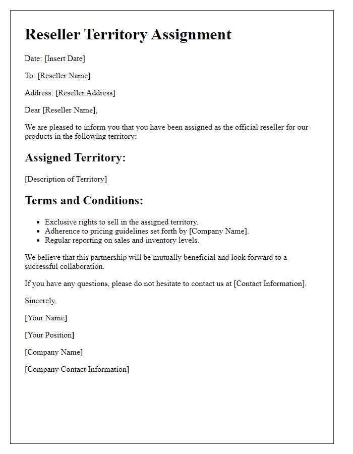 Letter template of reseller territory assignment