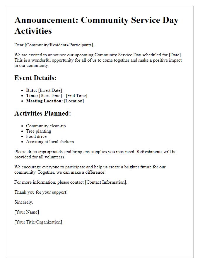 Letter template of announcement for community service day activities