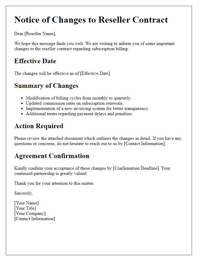 Letter template of changes to reseller contract for subscription billing