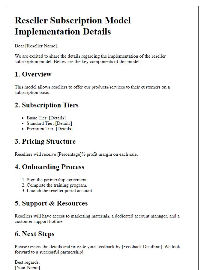 Letter template of details for reseller subscription model implementation