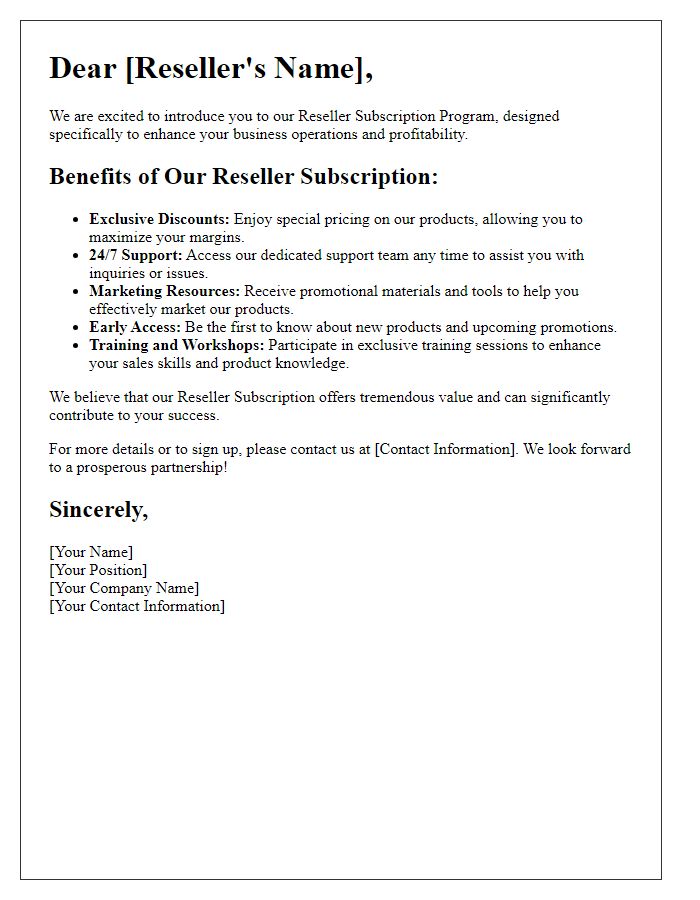 Letter template of introduction to reseller subscription benefits