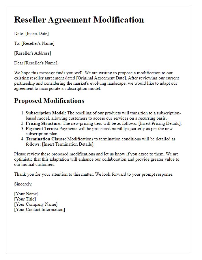 Letter template of reseller agreement modification for subscription model adaptation