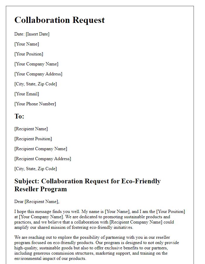 Letter template of collaboration request for eco-friendly reseller program.