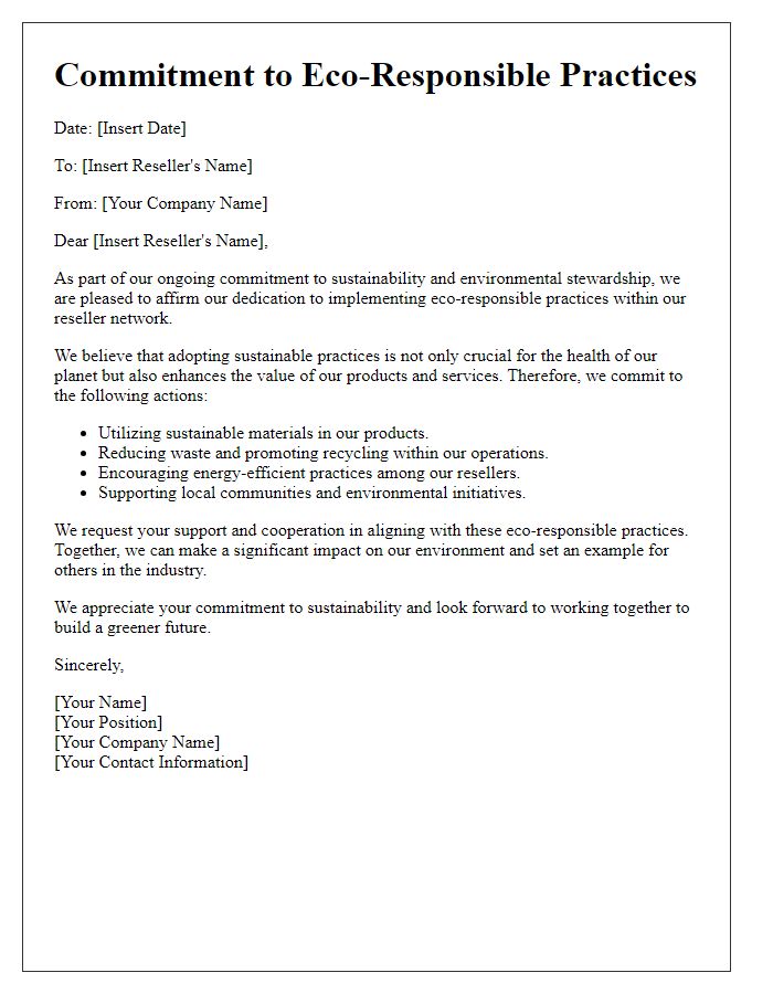 Letter template of commitment to eco-responsible practices in reseller networks.