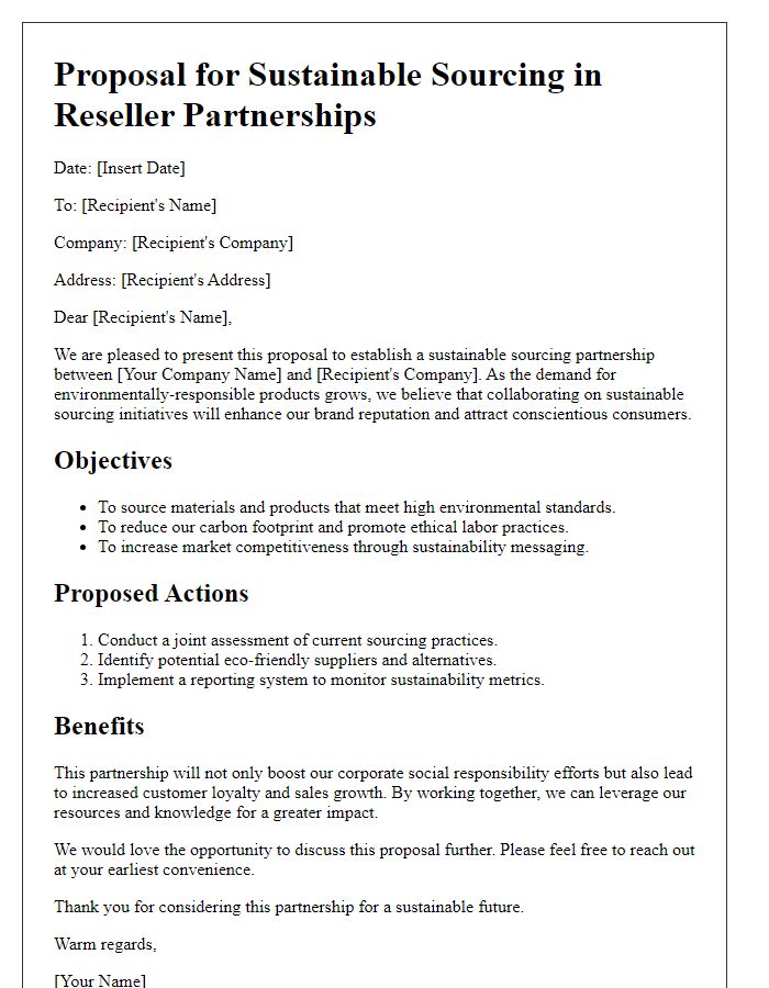 Letter template of proposal for sustainable sourcing in reseller partnerships.