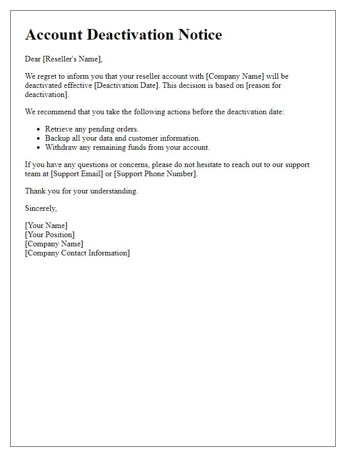 Letter template of reseller account deactivation notice