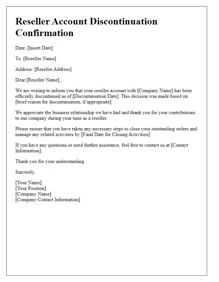 Letter template of reseller account discontinuation confirmation