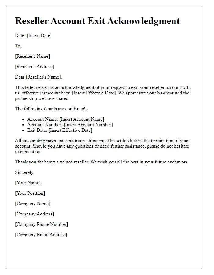 Letter template of reseller account exit acknowledgment