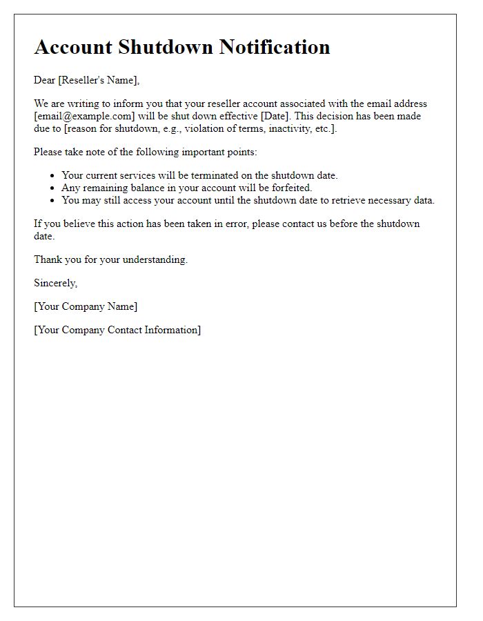 Letter template of reseller account shutdown notification