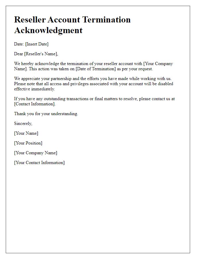 Letter template of reseller account termination acknowledgment